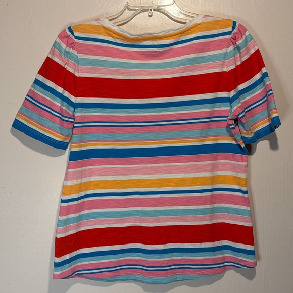 Talbots Petite- Ruched Shoulder Sleeve Multicolor Striped Crew Neck Tee Size MP - Picture 2 of 6